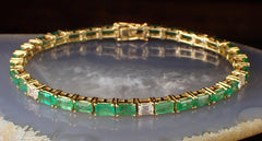 Emerald Bauggate Tennis Bracelets, Solid Gold Teenis Bracelets, Diamond & Yellow Gold Tennis Emerald Bracelet