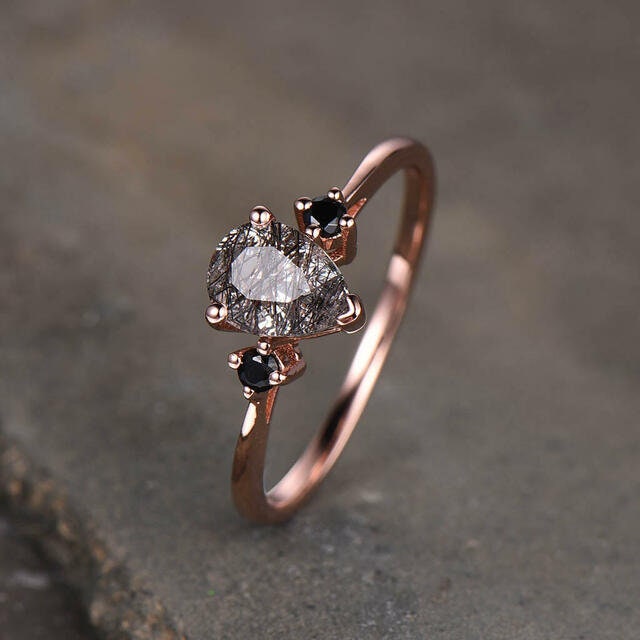 14K Solid Rose Gold Wedding Ring, Pear Shape Black Rutile Ring 14K Solid Gold Ring, Black Rutile Ring, Rutile Jewelry, Pear Ring, Prong Ring