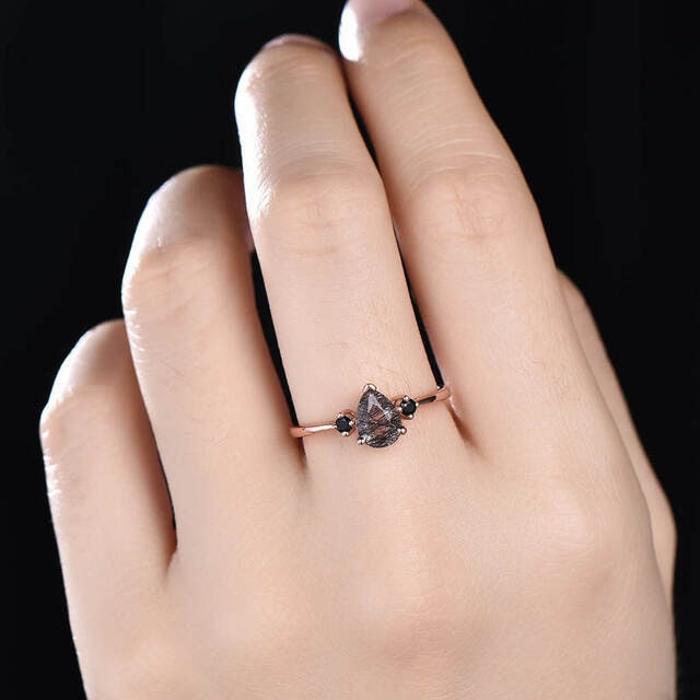 14K Solid Rose Gold Wedding Ring, Pear Shape Black Rutile Ring 14K Solid Gold Ring, Black Rutile Ring, Rutile Jewelry, Pear Ring, Prong Ring