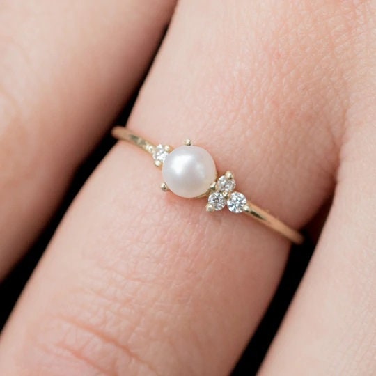 Sterling Silver Pearl and Diamond Ring - June Birthstone Band