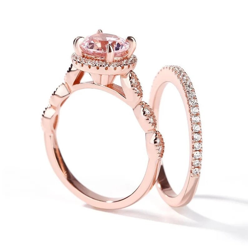 7mm Round Cut Solitaire Morganite Engagement Ring Rose Gold Morganite Wedding Ring Set Art Deco Stacking Matching Bands Bridal Ring Set