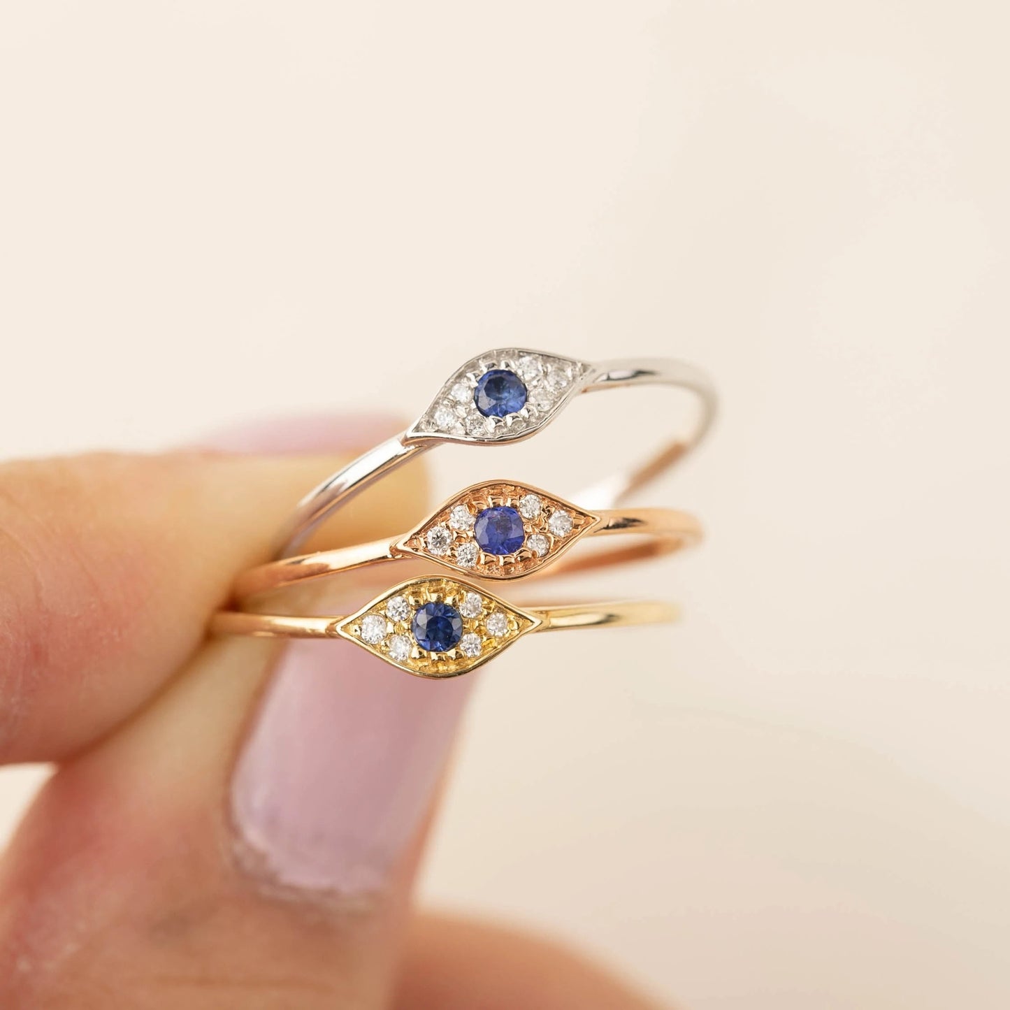14k Gold Sapphire Evil Eye Ring, Dainty Good Luck Ring, Evil Eye Jewelry, Gold Whammy Ring, 18k Gold Evil Eye Lab Sapphire, Gold Thumb Ring