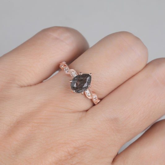 14K Gold Natural Black Rutilated Engagement Ring, Solitaire Ring, Anniversary Ring, Black Rutile Ring, 14K Gold Handmade Ring, Gemstone Ring
