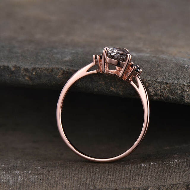 14K Solid Rose Gold Wedding Ring, Pear Shape Black Rutile Ring 14K Solid Gold Ring, Black Rutile Ring, Rutile Jewelry, Pear Ring, Prong Ring
