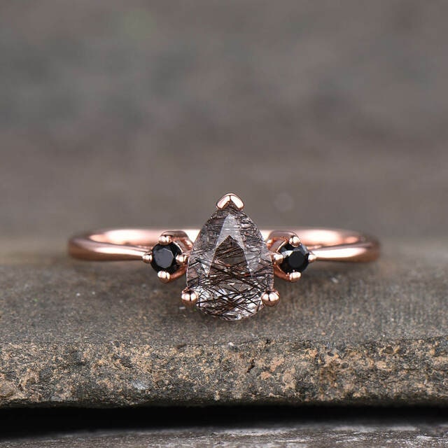 14K Solid Rose Gold Wedding Ring, Pear Shape Black Rutile Ring 14K Solid Gold Ring, Black Rutile Ring, Rutile Jewelry, Pear Ring, Prong Ring