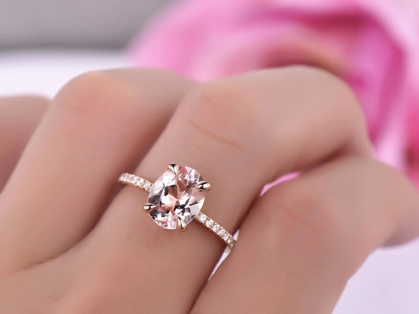 14K Gold Natural Oval Morganite Engagement Ring, Solitaire Ring, Anniversary Ring, Morganite Ring, 14K Gold Handmade Ring, Gemstone Ring