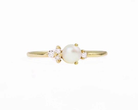 Sterling Silver Pearl and Diamond Ring - June Birthstone Band