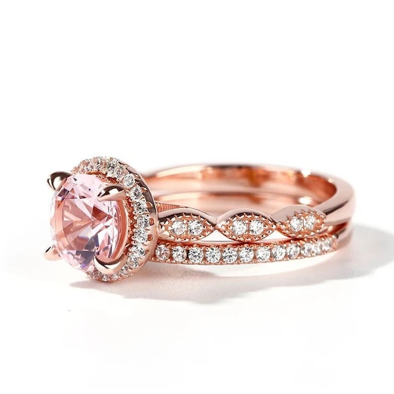 7mm Round Cut Solitaire Morganite Engagement Ring Rose Gold Morganite Wedding Ring Set Art Deco Stacking Matching Bands Bridal Ring Set