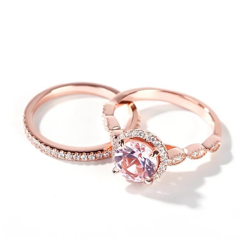 7mm Round Cut Solitaire Morganite Engagement Ring Rose Gold Morganite Wedding Ring Set Art Deco Stacking Matching Bands Bridal Ring Set