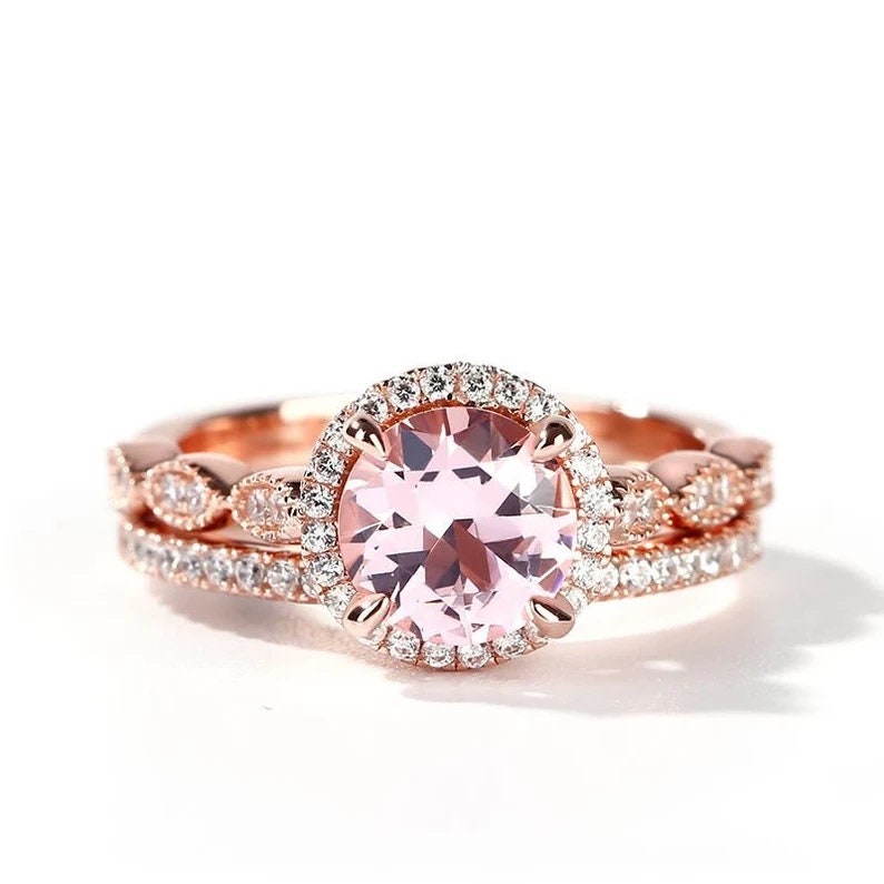 7mm Round Cut Solitaire Morganite Engagement Ring Rose Gold Morganite Wedding Ring Set Art Deco Stacking Matching Bands Bridal Ring Set