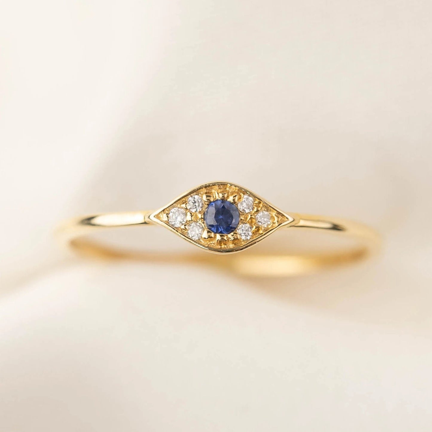 14k Gold Sapphire Evil Eye Ring, Dainty Good Luck Ring, Evil Eye Jewelry, Gold Whammy Ring, 18k Gold Evil Eye Lab Sapphire, Gold Thumb Ring