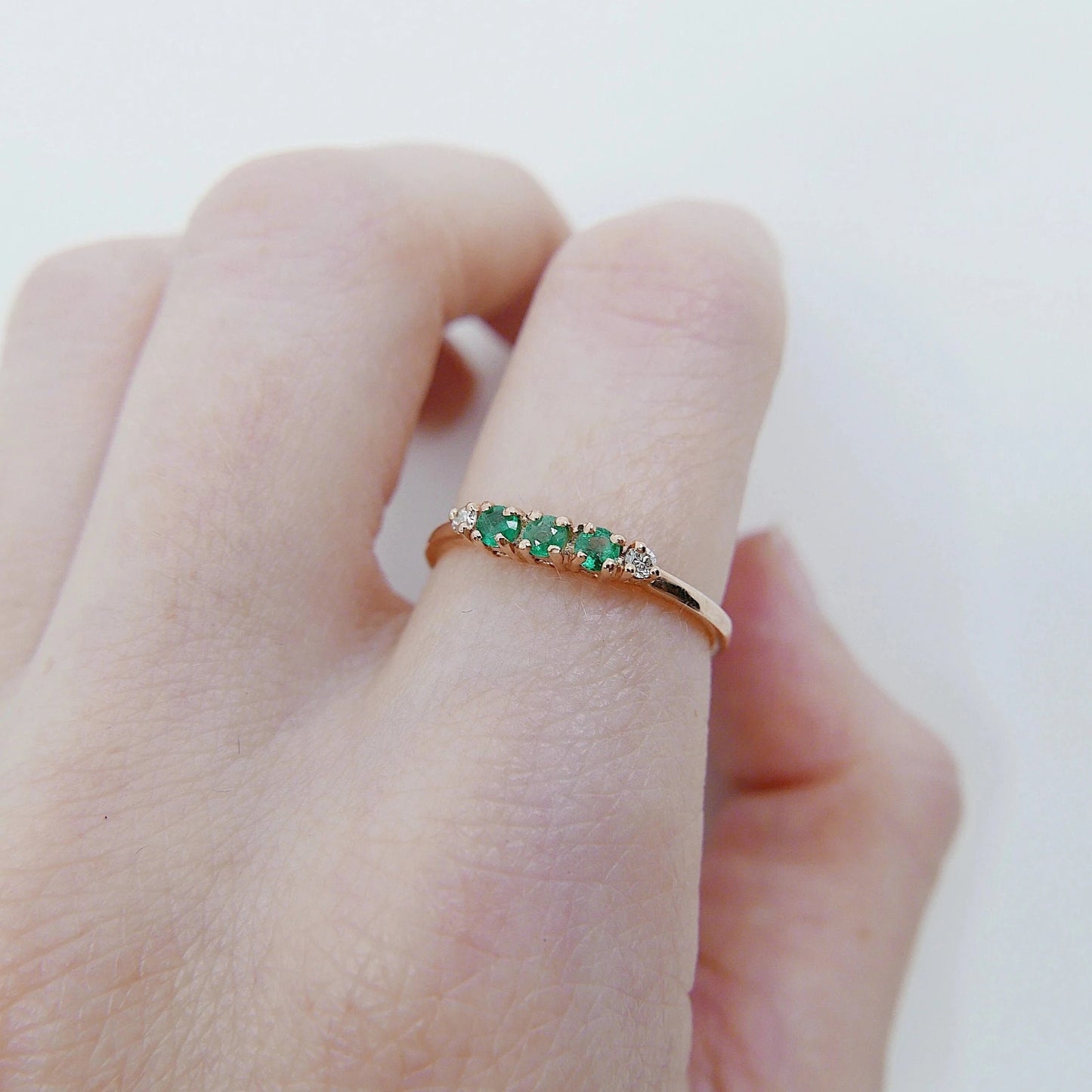 14K Gold Tiny Emerald and Diamond Band Ring - 14k Emerald Wedding Band for Women - 14k Stacking Emerald Ring - 14k Emerald Jewelry