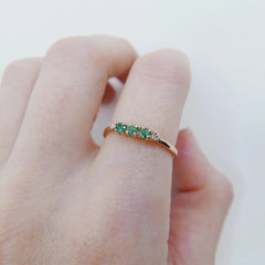 Emerald and Diamond Band Ring, 925 Silver with Yellow Gold Plating