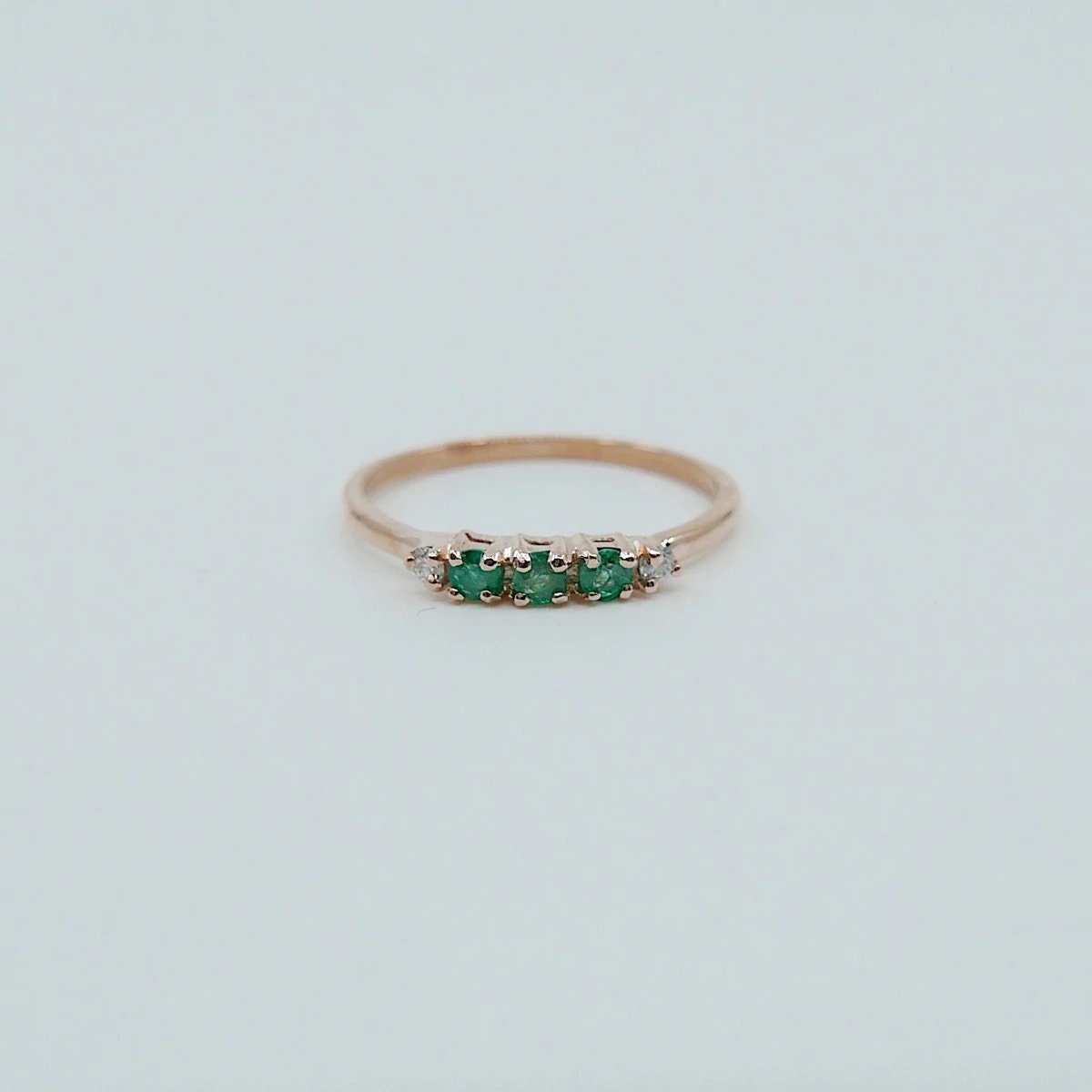 14K Gold Tiny Emerald and Diamond Band Ring - 14k Emerald Wedding Band for Women - 14k Stacking Emerald Ring - 14k Emerald Jewelry