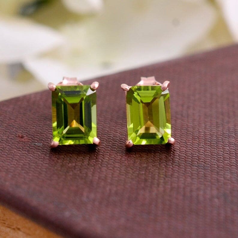 Elegant Peridot Earrings | Green Diamond Rose Gold Studs
