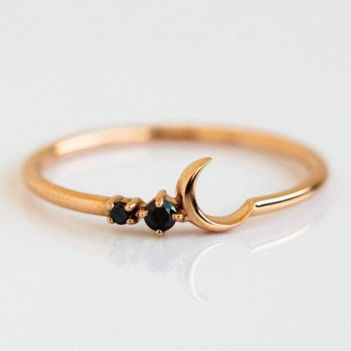 Moon Silver Ring, Rose Gold Moon Ring, Moon Ring, Black Onyx Ring, Gemstone Ring, Wedding Ring, Ring for Her, Ring for Friend