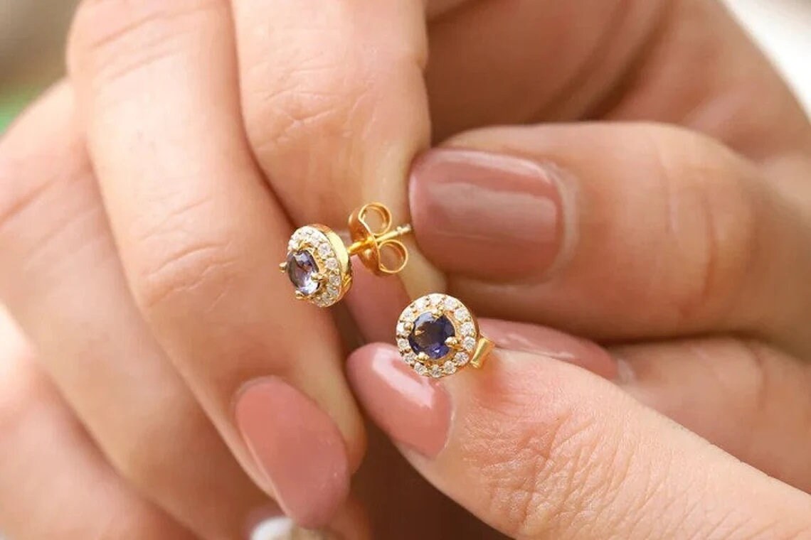 Tiny Tanzanite Studs, 14k Solid Gold Diamond Earrings, Small Blue Studs, Gift for Her