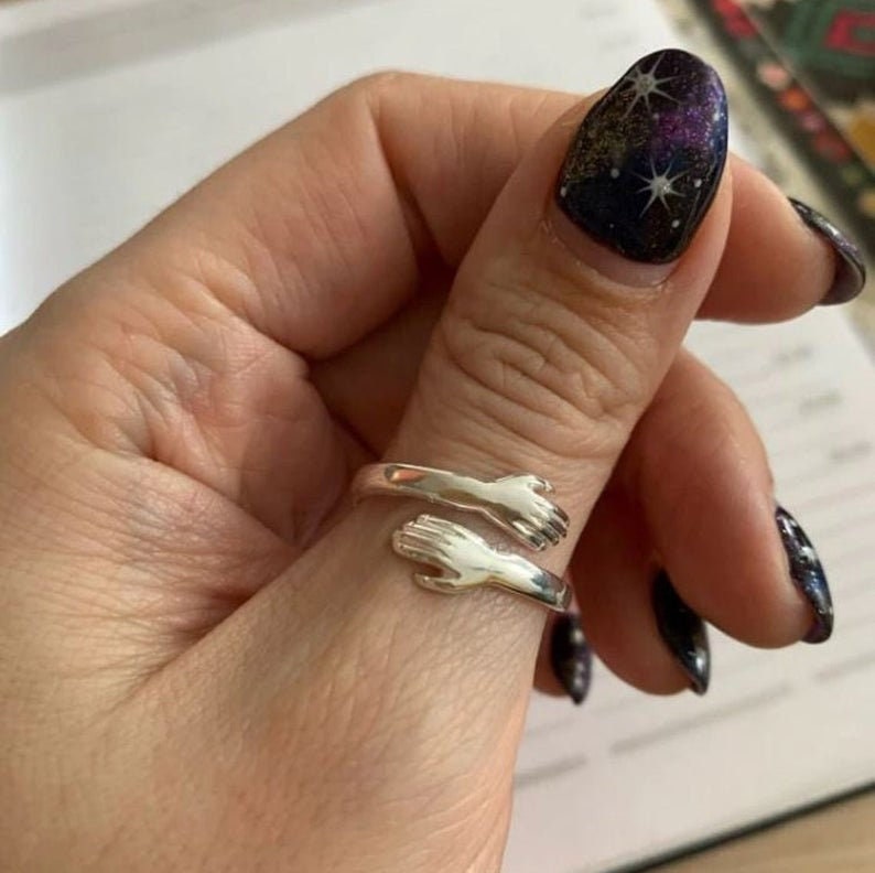 Sterling Silver Hug Ring - Adjustable Love Hand Stackable Couple Ring