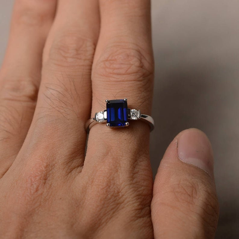 Emerald Cut Blue Sapphire Ring: Diamond Accent, Sterling Silver or Gold