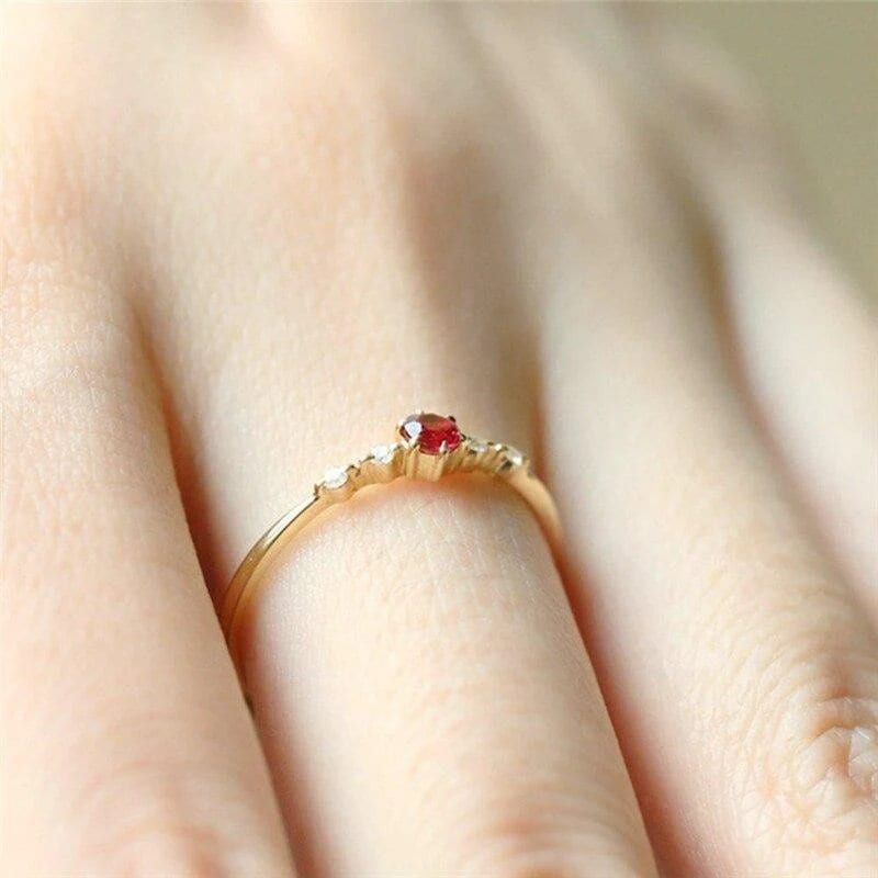 Red Garnet Diamond Solitaire Ring: Dainty 14k Gold Promise Ring