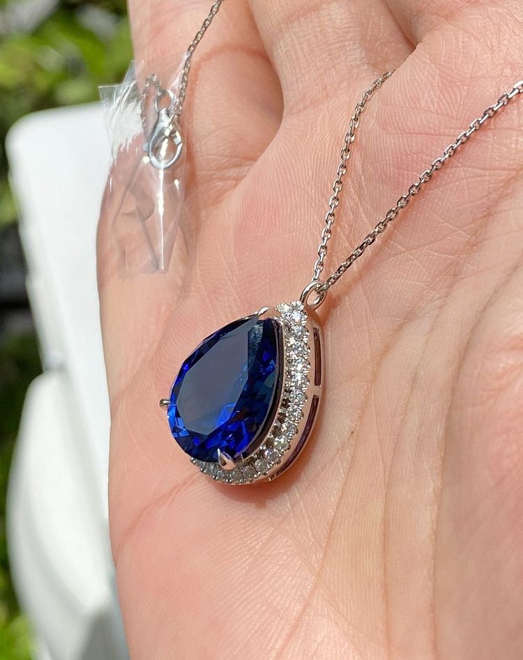 Pear Blue Sapphire Pendant Necklace: 14k Yellow Gold Teardrop
