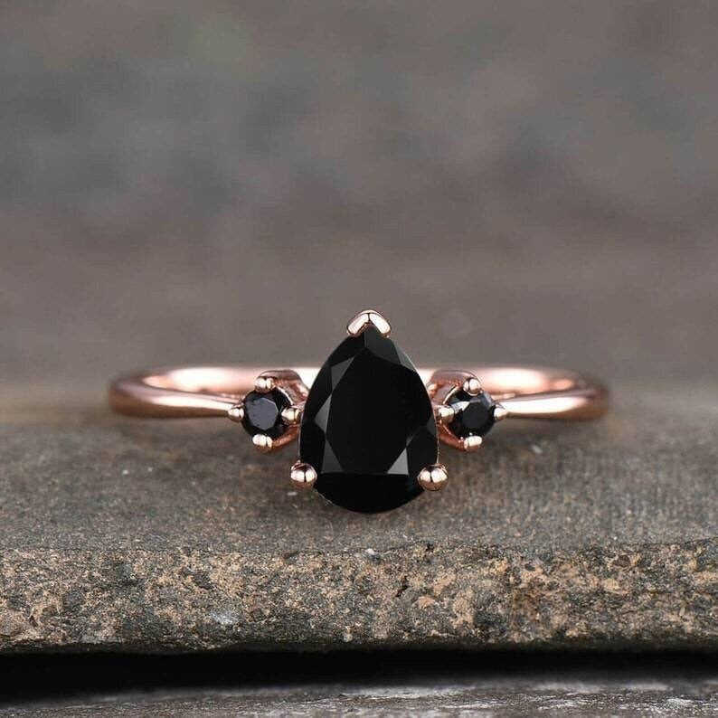 Pear Cut Black Spinel Sterling Silver Engagement Ring