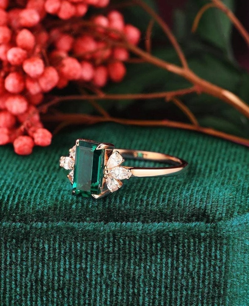 Emerald Engagement Ring Emerald Cut 14K Rose Gold Engagement Ring Cluster Ring CZ Diamond Bridal Ring Promise Ring Anniversary Gift