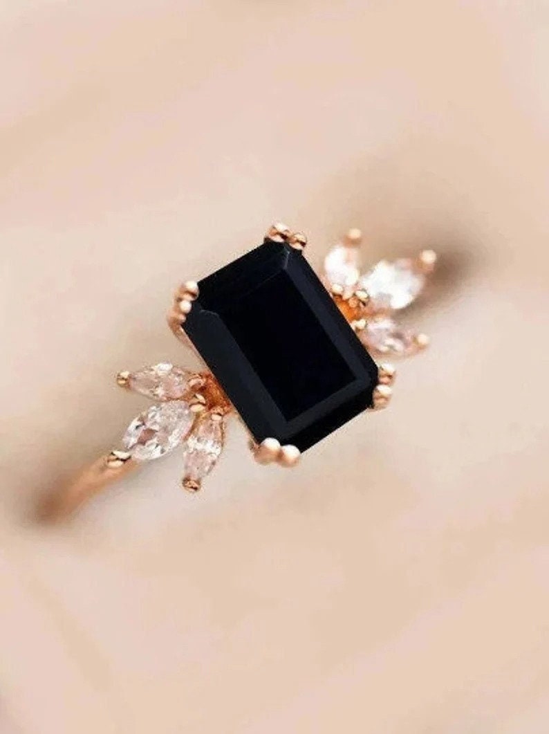 Black Onyx Engagement Ring Emerald Cut 14K Rose Gold Engagement Ring Cluster Ring Cz Diamond Ring Bridal Ring Promise Ring Anniversary Gift