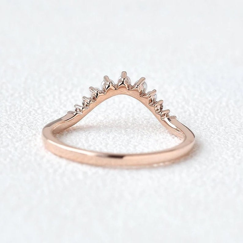 Natural Pearl Curved Stacking Ring, 14K gold vermeil U Shaped Pave cubic zirconia Band, 14K vermeil engagement ring, Gift For her