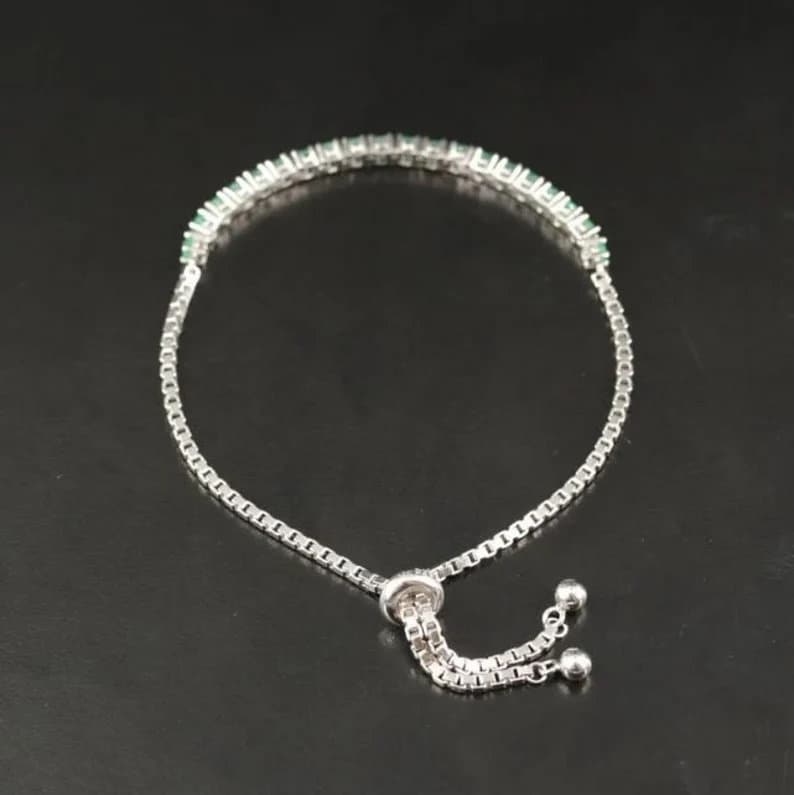 Emerald Chain Link Bracelet with Tennis Beaded Charms - Gift for Wife