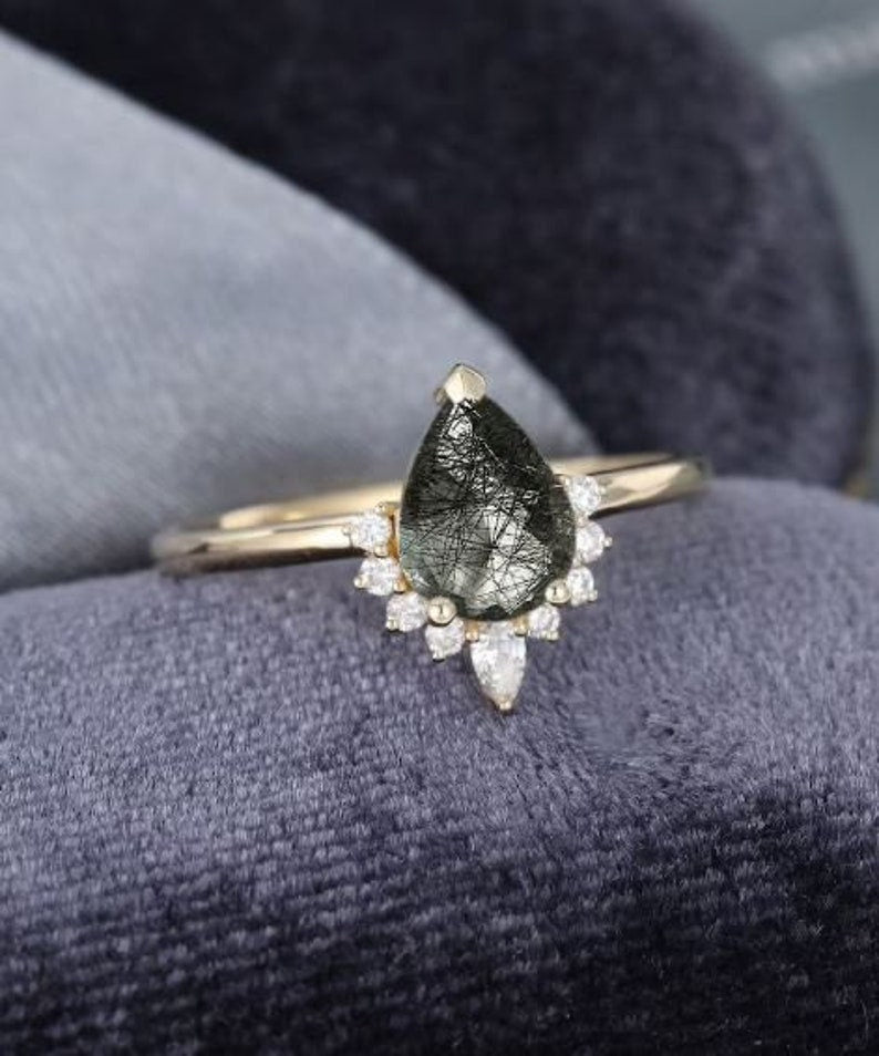 Sterling Silver & Rose Gold Rutilated Quartz Crown Ring - Gemstone Cluster Ring