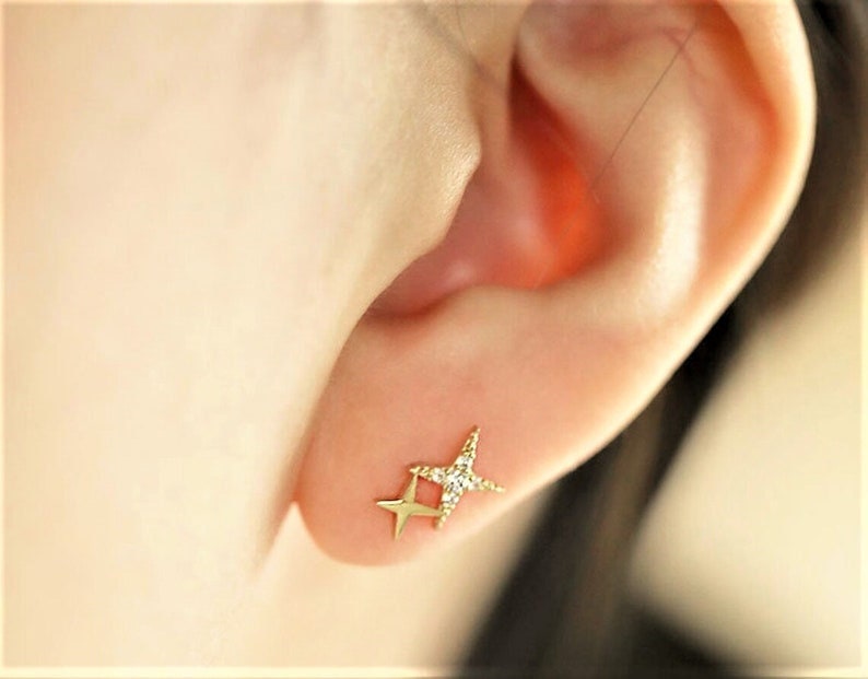 Dainty North Star Moissanite Delicate Celestial Earrings 14K Solid Gold Inset Stone Earring Handmade Charm Ear Studs Minimalist Earring
