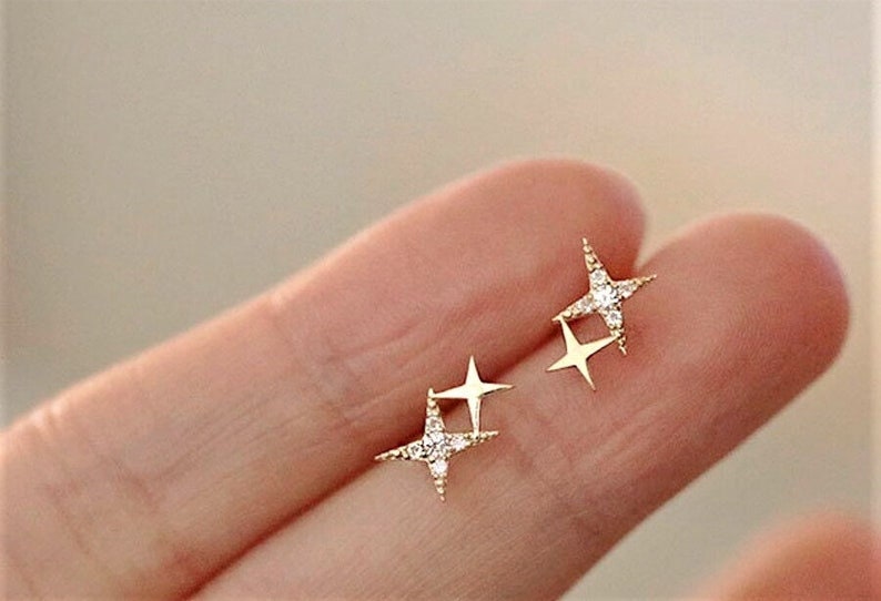 Dainty North Star Moissanite Delicate Celestial Earrings 14K Solid Gold Inset Stone Earring Handmade Charm Ear Studs Minimalist Earring