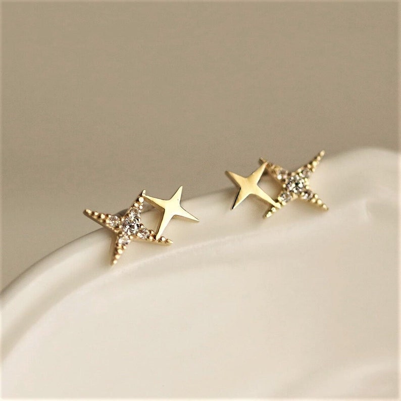 Dainty North Star Moissanite Delicate Celestial Earrings 14K Solid Gold Inset Stone Earring Handmade Charm Ear Studs Minimalist Earring