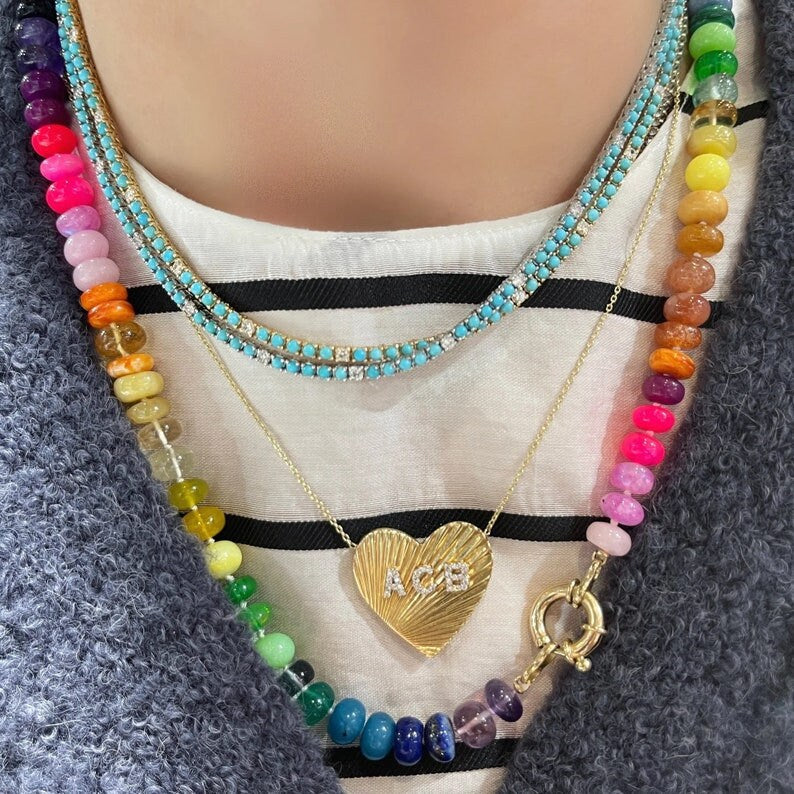 Turquoise and Diamond Tennis Necklace in Gold family Necklace For Mom, Grandma Gift, Initial Necklace, pregnancy gift, gift for her