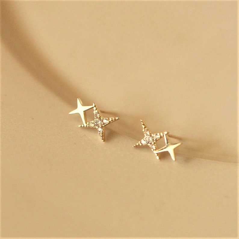 Dainty North Star Moissanite Delicate Celestial Earrings 14K Solid Gold Inset Stone Earring Handmade Charm Ear Studs Minimalist Earring