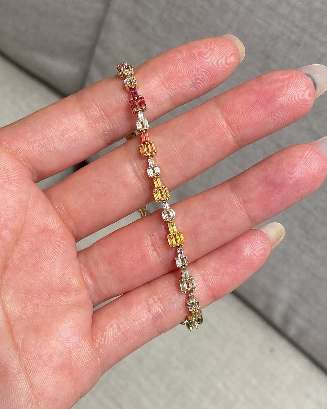 Multi Sapphire Baguette Tennis Bracelet: Sterling Silver, 10k/14k Gold