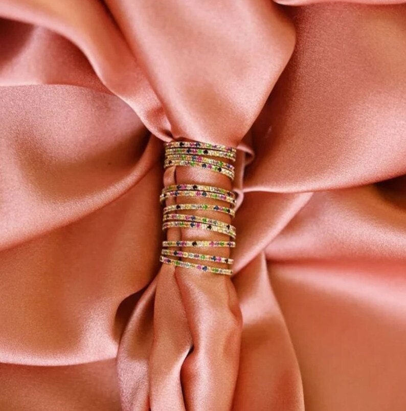 Rainbow Gemstone Eternity Band, 14k Gold Sapphire Ruby Amethyst, Full Eternity Stacking Band, Delicate Bridal Band, Multi pave silver ring,