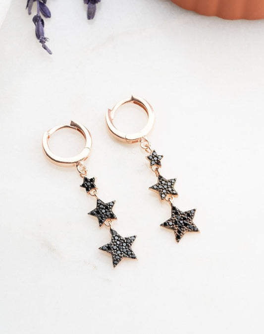 14K Gold Black Diamond star earrings, Black Diamond star earrings, black star earrings, 14K Yellow Gold  black crystal star earrings