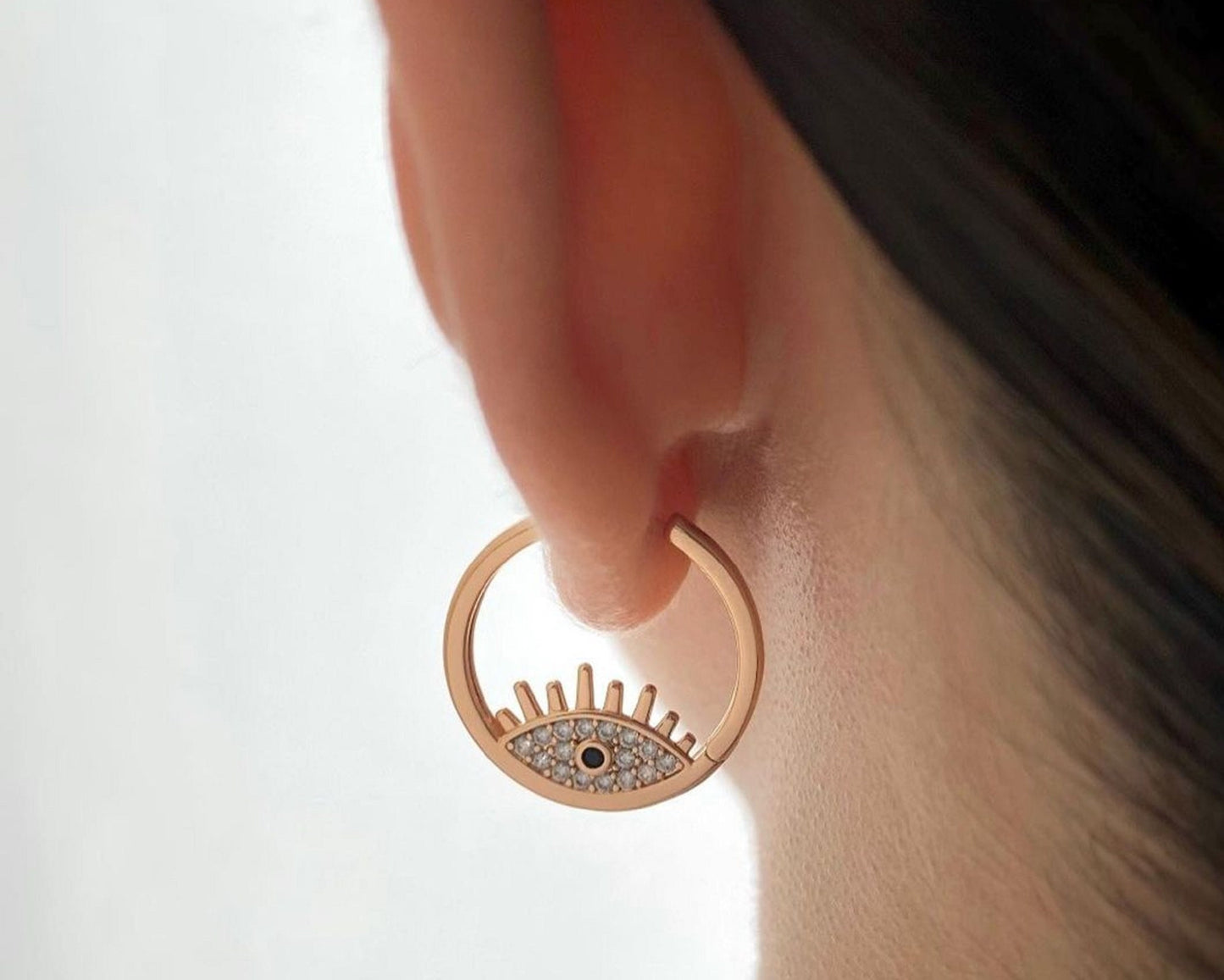 14K Solid Gold Diamond Evil Eye Studs, Small Evil Eye Earrings, White, Yellow, Rose Gold, Protection Earrings, Birthday Gift, Prong Set,