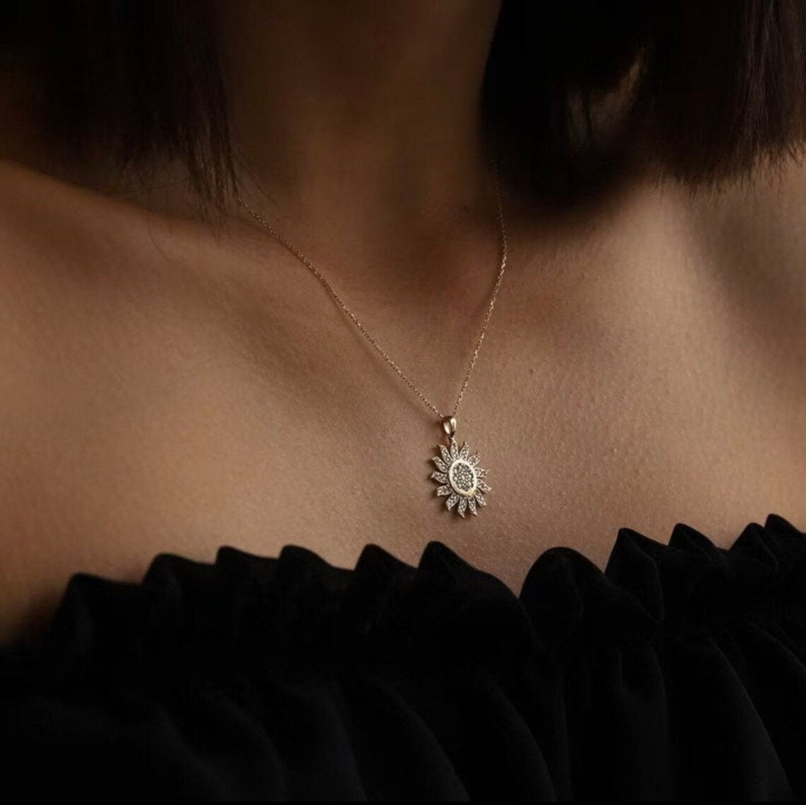 Sun Pendant 14k Yellow gold, Diamond Sun Pendant with Adjustable Chain, Gold Sun Charm Pendant, 14k gold necklace, Valentine Day Gift