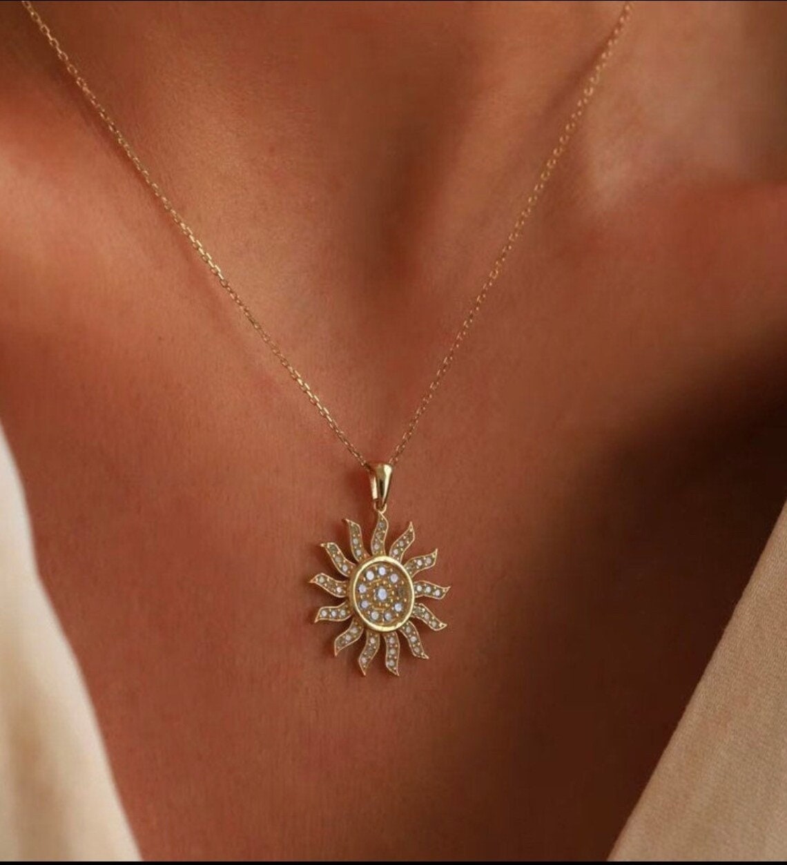 Sun Pendant 14k Yellow gold, Diamond Sun Pendant with Adjustable Chain, Gold Sun Charm Pendant, 14k gold necklace, Valentine Day Gift