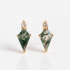 14K Gold Natural Moss Agate Stud Earring, Kite Shape Earring, 14K Gold Earring, Moss Agate Kite Stud Earring, Women Christmas Gift