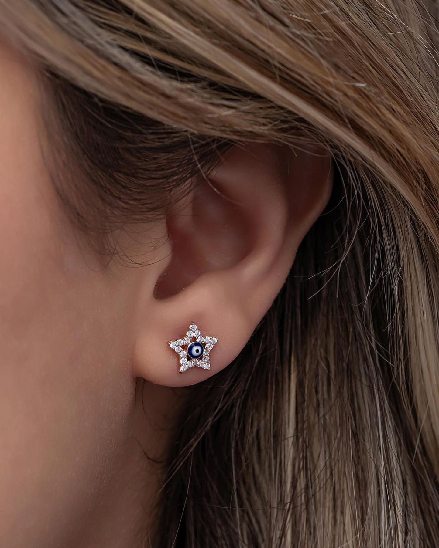 Thin Evil Eye Earrings for Women in 14k Solid Gold | Handmade & Personalized | 14k Yellow, Rose or White Gold Evil Eye Ring, in Gold