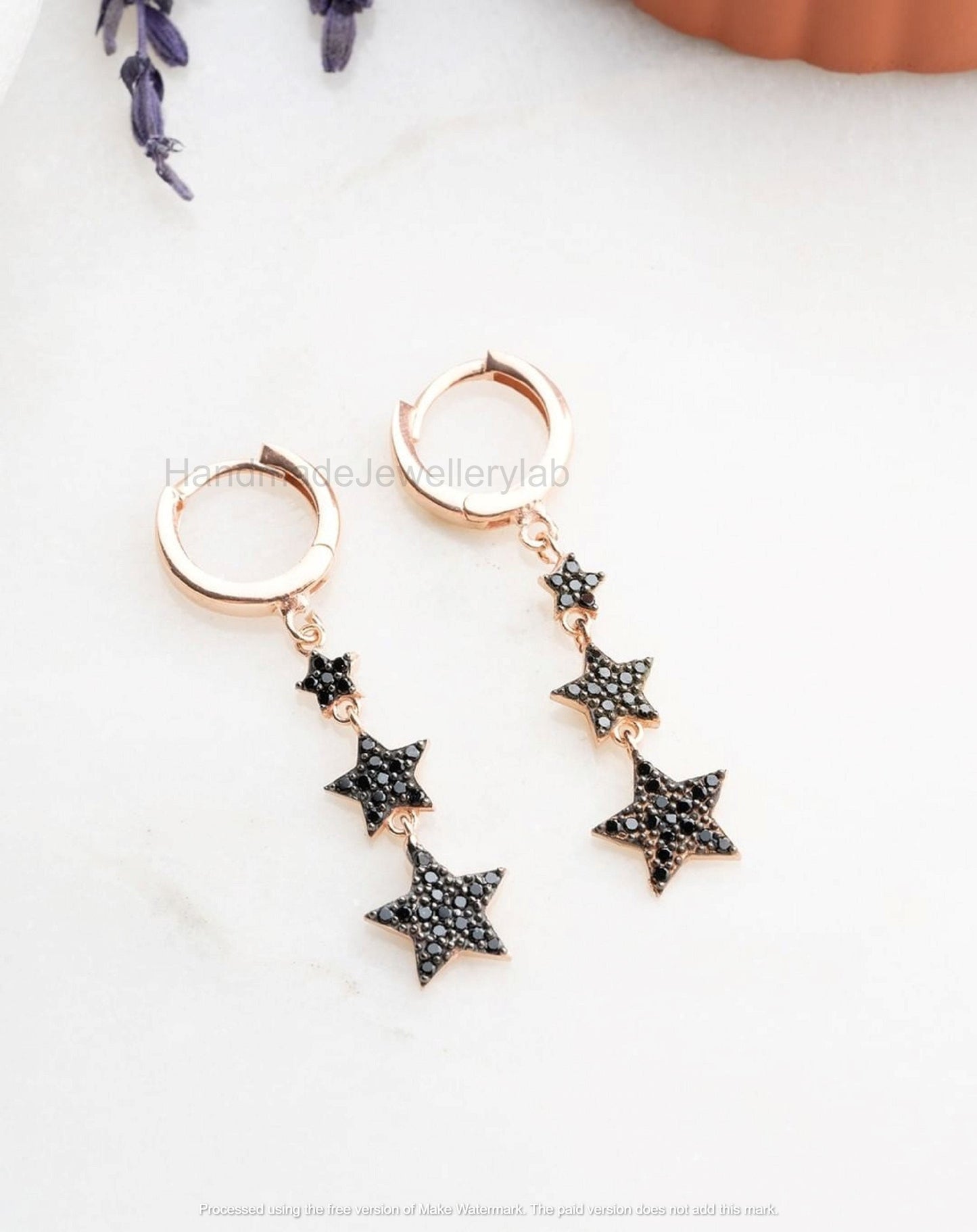 14K Gold Black Diamond star earrings, Black Diamond star earrings, black star earrings, 14K Yellow Gold black crystal star earrings
