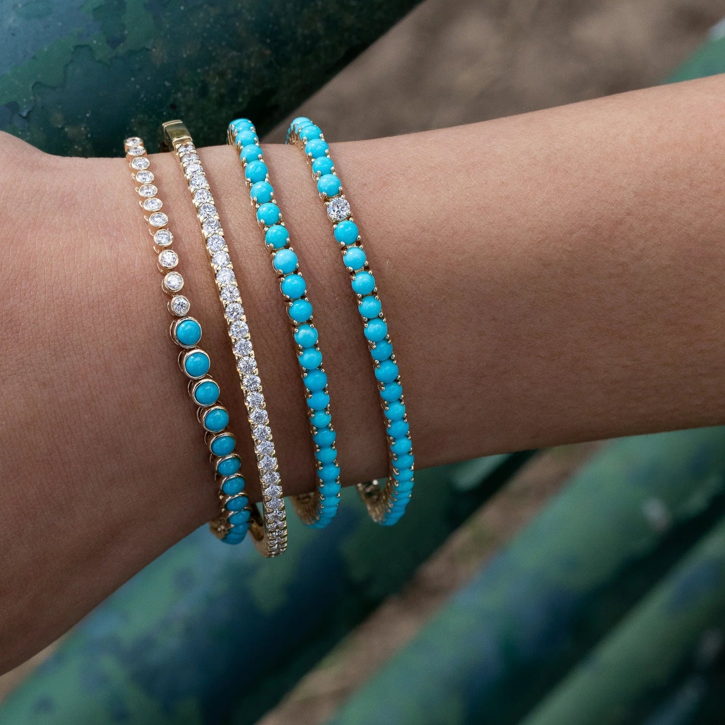 14K gold Turquoise tennis bracelet with diamond | Round natural turquoise tennis bracelet gold | Art Deco vintage turquoise bracelet gold