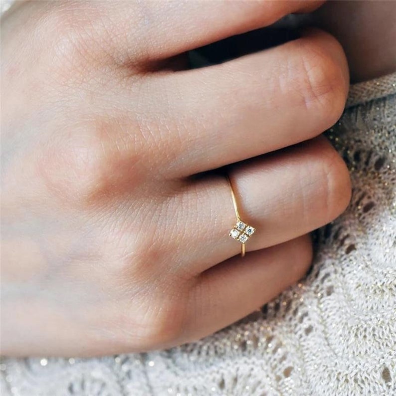 4 Diamond Ring, Dainty Stackable Ring, 14k Gold Minimalist Diamond Ring, Stacking Wedding Ring, Dainty Diamond Ring, Stackable Diamond Ring