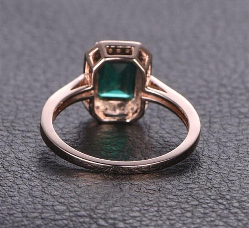 Emerald Diamond 14k Gold Ring | Engagement Halo Setting | Dainty Solid Band