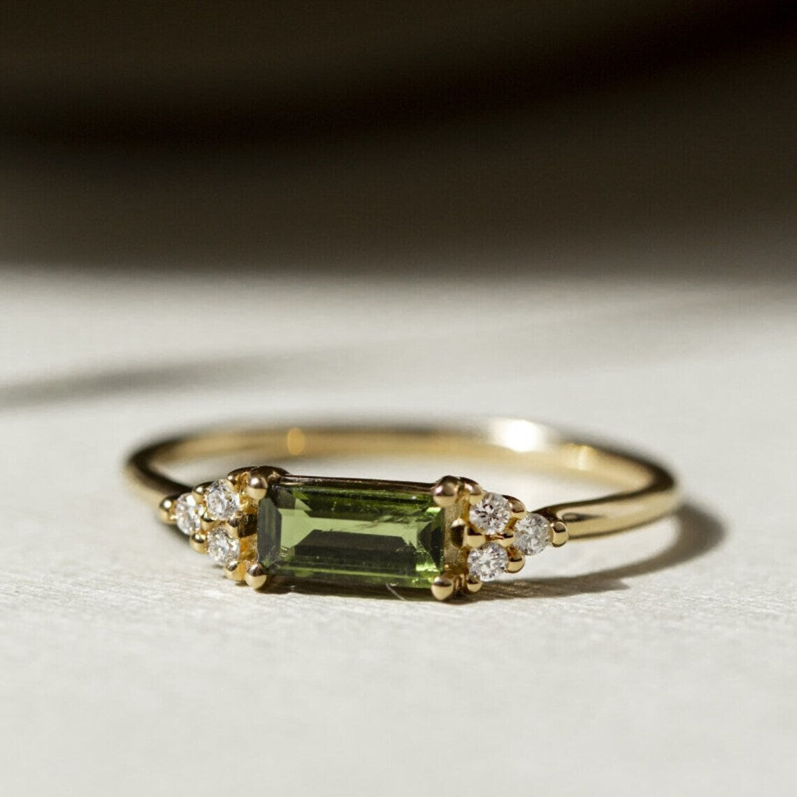 18k Gold Green Tourmaline Baguette Ring with Diamonds