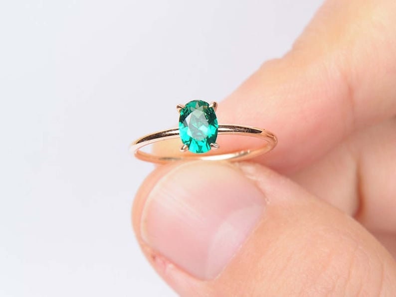 Delicate 14K Gold Emerald Ring - Stackable Emerald Solitaire Ring - Elegant Rose Gold Plated Emerald Ring- Perfect May Birthstone Gift